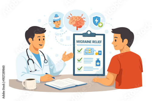 Doctor advising young hispanic male on migraine relief strategies with health checklist.