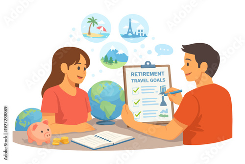 Asian couple planning retirement travel with budget and destination goals.