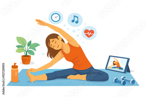 Young female exercising indoors with online guidance and fitness icons.