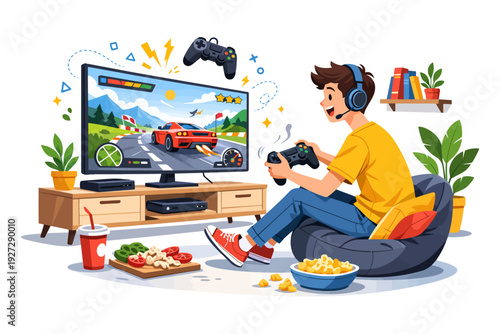 Young asian male gaming enthusiast enjoys video game with snacks and headset.
