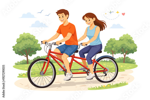 Young caucasian couple enjoying tandem bike ride in park.