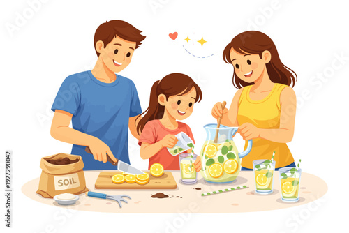 Family making lemonade together in a cheerful kitchen setting.