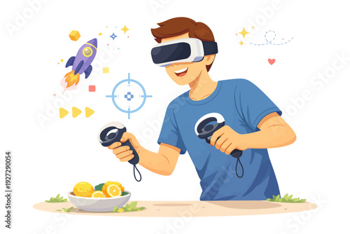 Young caucasian male enjoying virtual reality gaming with headset and controllers.