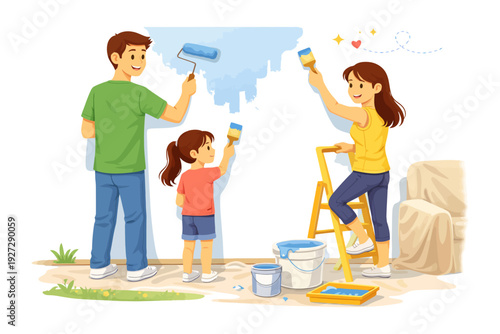 Family painting day with caucasian adults and child enjoying home renovation outdoors.