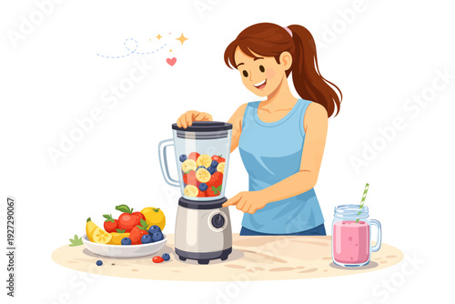 Caucasian female preparing fruit smoothie with blender in kitchen.