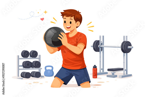 Young caucasian male exercising with medicine ball in gym setting.