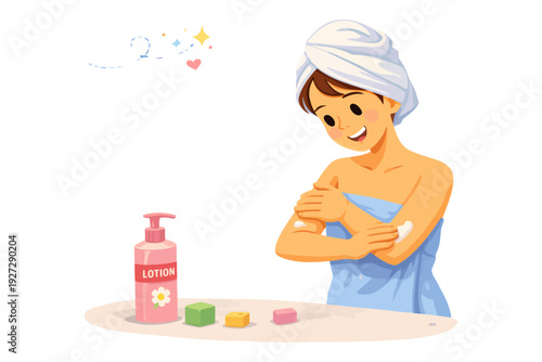Young hispanic female applying lotion with towel wrapped hair.