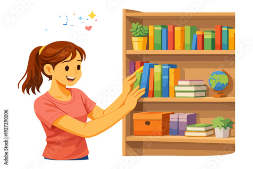 Young female organizing books on bookshelf with globe and plants.