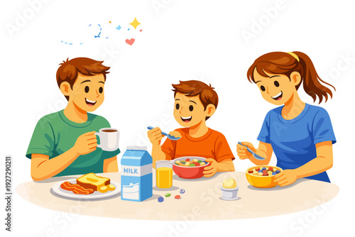 Happy family breakfast with diverse cartoon characters sharing a meal.