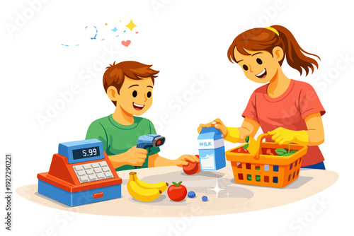 Children role-playing grocery shopping with toy scanner and cash register.