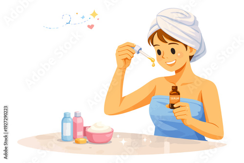 Young female applying skincare serum with towel on head.