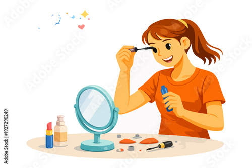 Young caucasian female applying makeup with mirror and cosmetics on table.