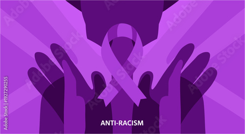 Powerful illustration symbolizing unity and the fight against racism, featuring hands gently holding a purple awareness ribbon with a radiant background.