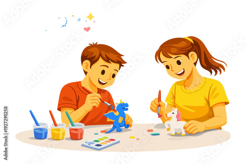 Young caucasian children painting colorful figurines together.