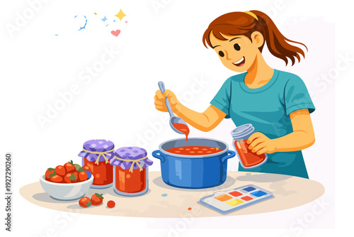 Female child making strawberry jam in kitchen with fresh ingredients.