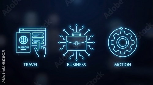 Three illuminated blue neon outline illustrations for travel, business, and motion. Digital art on a dark background for technology presentation backdrop.