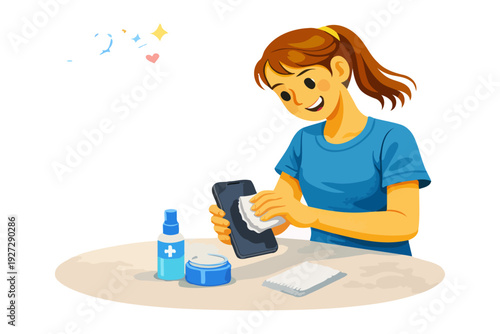 Young caucasian female cleaning smartphone with cloth and spray on desk.