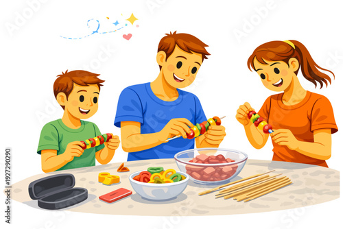 Happy family making candy creations together: young caucasian adults and child bonding activity.