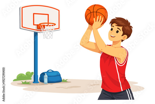 Young caucasian male shooting basketball outdoors in red jersey.
