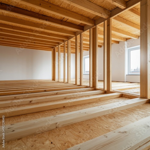Unfinished wooden interior framing, showing stacked joists and ceiling beams, creating a raw, geometric space. Construction, Structure, Renovation