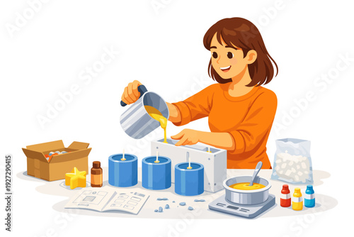 Young hispanic female making handmade candles in craft studio with supplies.