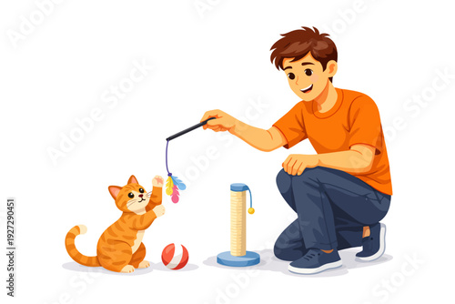 Young caucasian male playing with cat using wand toy and scratching post.