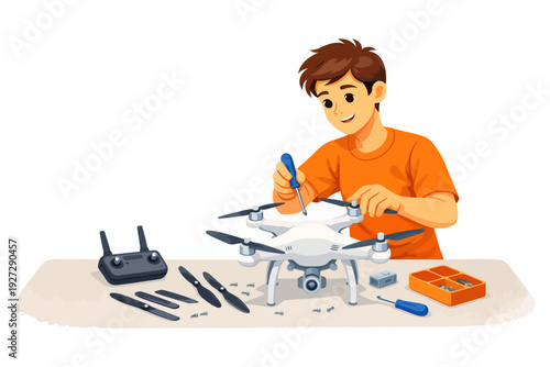 Young caucasian teen assembling drone with toolkit on table.