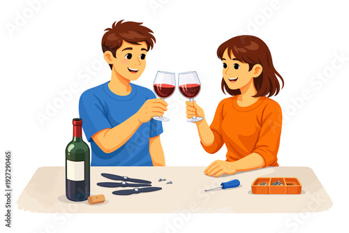 Young caucasian couple celebrating with wine while assembling diy project together.