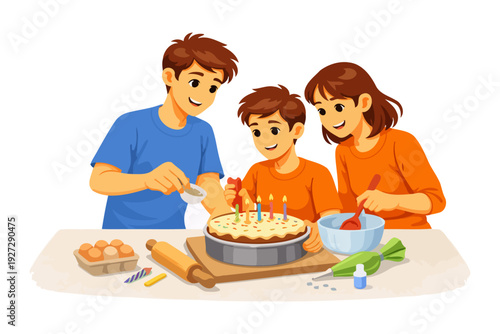Family baking celebration: parents and child preparing decorated birthday cake together.
