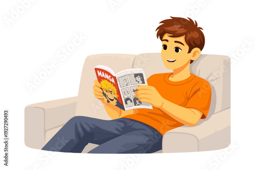 Young asian male relaxing on sofa reading manga with interest.