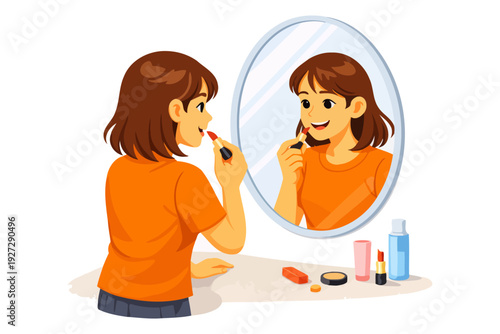 Young caucasian female applying lipstick in front of mirror.