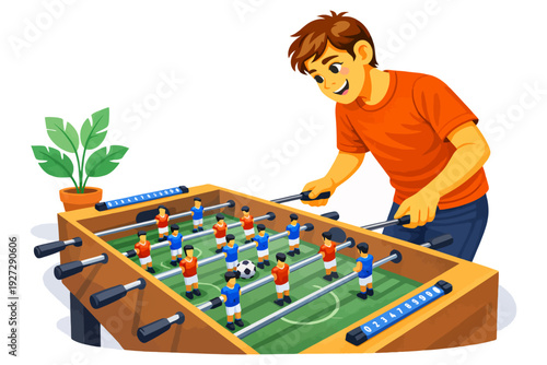 Young caucasian male playing table foosball with enthusiasm.