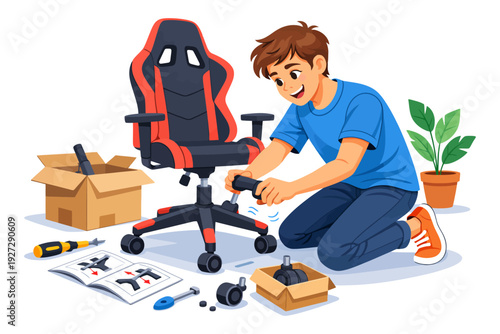 Young male assembling gaming chair at home with tools and instructions.