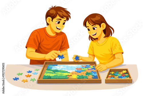 Young caucasian couple enjoying puzzle game together at table.