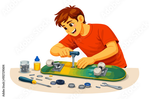 Young caucasian male assembling skateboard with tools and parts.