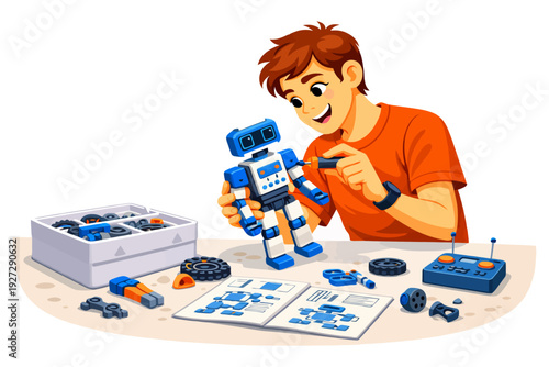 Young caucasian male assembling robot kit with enthusiasm and focus.