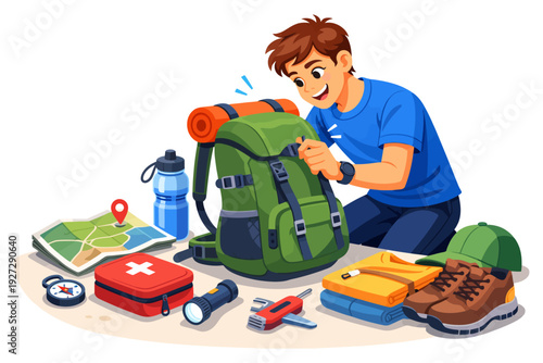 Young caucasian male teen preparing backpack for outdoor adventure trip.