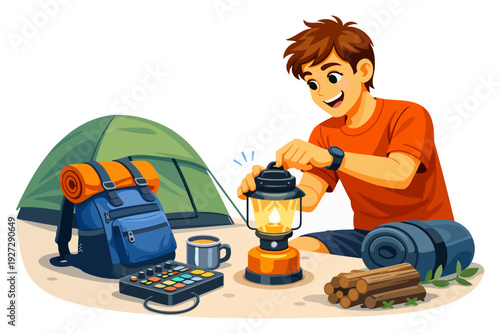 Young caucasian male camper setting up lantern near tent.