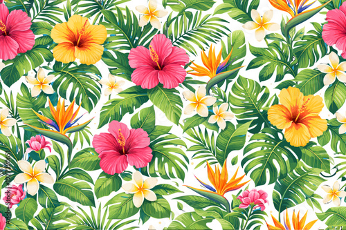 Seamless pattern of tropical flowers and leaves against a vibrant blue background, showcasing vivid colors and natural beauty.eps