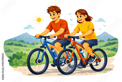 Young caucasian male and female cycling in scenic mountain landscape.