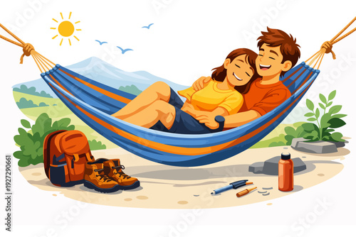 Young caucasian couple relaxing in colorful hammock with mountain view.