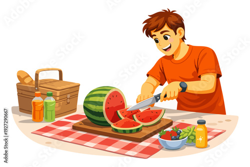 Young caucasian male cutting watermelon on picnic table with picnic basket and snacks.