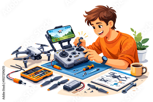 Young caucasian male repairing drone with remote controller and tools.