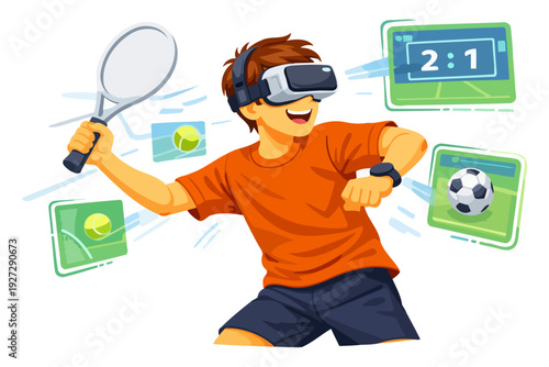 Young caucasian male enjoying virtual reality sports experience.