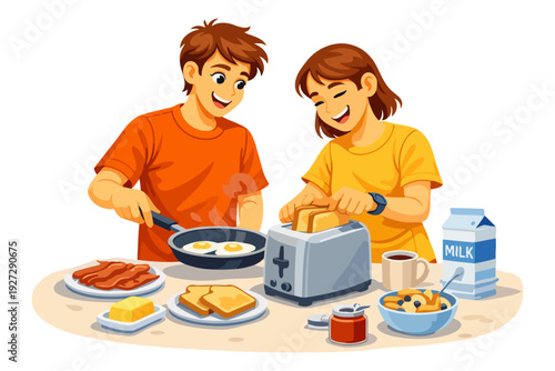 Caucasian young siblings cooking breakfast together with toaster and frying pan.