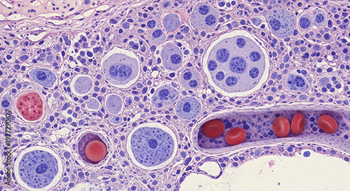 High-magnification microscopic view of human bone marrow, featuring hematopoietic cells, large megakaryocytes, and red blood cells within a vessel, essential for pathology and research