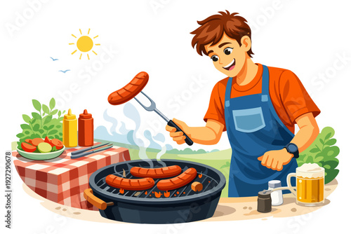 Young caucasian male grilling sausages outdoors on a sunny day.