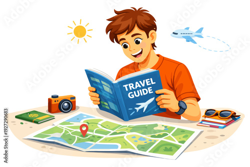 Young caucasian male reading travel guide with map airplane and camera.