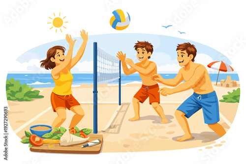 Young caucasian adults playing beach volleyball on a sunny day.