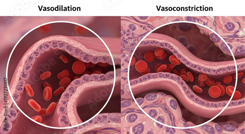 Comparison of blood vessel widening and narrowing, illustrating their vital role in regulating blood flow and pressure in the body